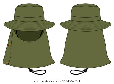 Olive Green Sun Protection Fishing Bucket Hat Vector With Face, Neck Flap.Front And Back Views