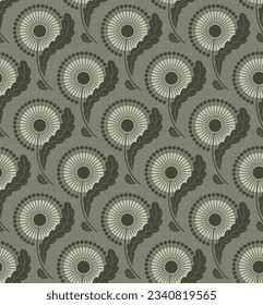 OLIVE GREEN TEXTURED VECTOR SEAMLESS BACKGROUND WITH BLOOMING DANDELIONS IN ART NOUVEAU STYLE Stock-vektor