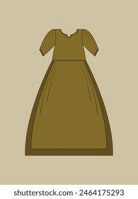 Olivgrüne Vektorillustration von Long Ethnic Frock Maxi Abschlussball-Kleid Details für verschiedene Anlässe und Veranstaltungen, Senf-Lady Mode-Party-Frock-Silhouette von lässigem Sommer-Rasen-Kleid