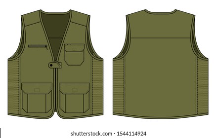 Olive Green Vest With Multi Pocket and Mesh at Side on White Background.Front and Back View, Vector File