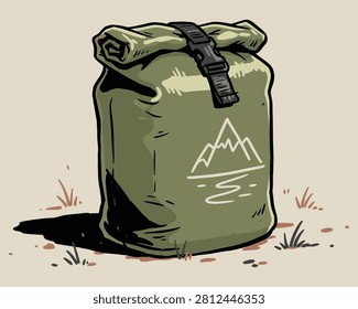 An olive green waterproof dry bag with a rolled top and mountain logo for outdoor adventures.