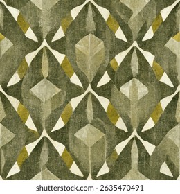 Olive green and white color palette, symmetrical geometric shapes. grunge lines ikat pattern, striped seamless pattern, Vector illustration background for print the paper.