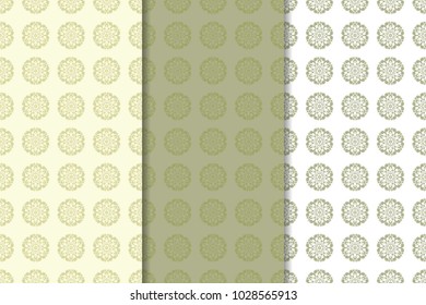 Olive green and white floral backgrounds. Set of seamless patterns for textile and wallpapers