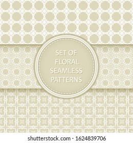Olive green and white floral seamless patterns. Compilation of designs with flowers. Vector illustration