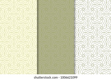 Olive green and white geometric ornaments. Set of vertical seamless patterns for web, textile and wallpapers