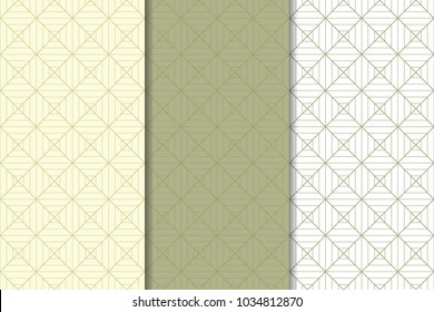 Olive green and white geometric ornaments. Set of vertical seamless patterns for web, textile and wallpapers