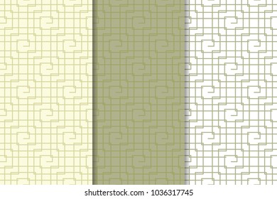 Olive green and white geometric ornaments. Set of vertical seamless patterns for web, textile and wallpapers