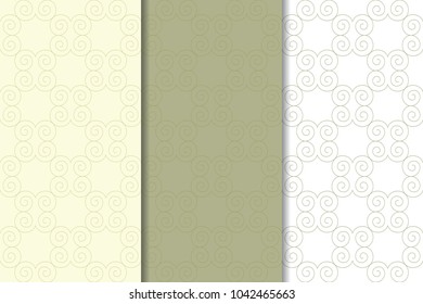 Olive green and white geometric ornaments. Set of vertical seamless patterns for web, textile and wallpapers
