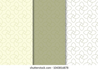Olive green and white geometric ornaments. Set of vertical seamless patterns for web, textile and wallpapers