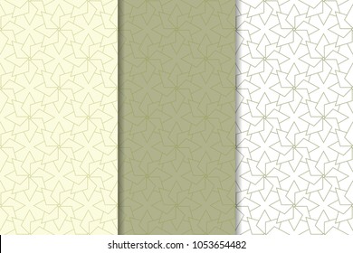 Olive green and white geometric ornaments. Set of vertical seamless patterns for web, textile and wallpapers