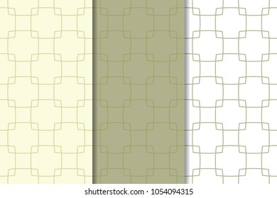 Olive green and white geometric ornaments. Set of vertical seamless patterns for web, textile and wallpapers
