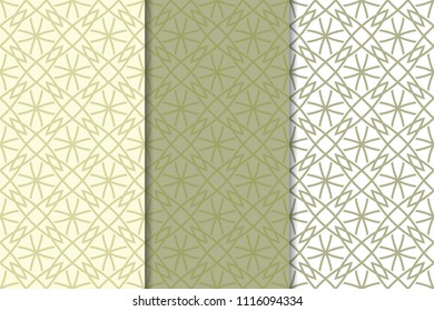 Olive green and white geometric ornaments. Set of vertical seamless patterns for web, textile and wallpapers