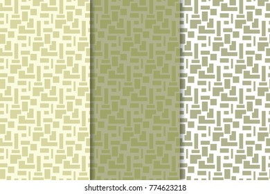 Olive green and white geometric ornaments. Set of vertical seamless patterns for web, textile and wallpapers