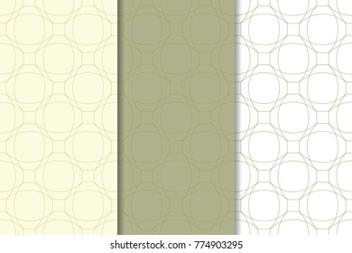 Olive green and white geometric ornaments. Set of vertical seamless patterns for web, textile and wallpapers