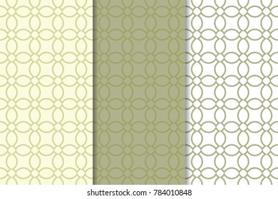 Olive green and white geometric ornaments. Set of vertical seamless patterns for web, textile and wallpapers