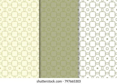 Olive green and white geometric ornaments. Set of vertical seamless patterns for web, textile and wallpapers