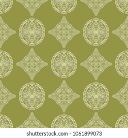 Olive green and white geometric print. Seamless pattern for web, textile and wallpapers