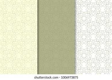Olive green and white geometric set of vertical seamless patterns for web, textile and wallpapers