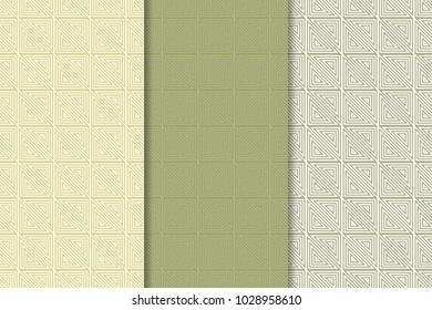 Olive green and white geometric set of vertical seamless patterns for web, textile and wallpapers