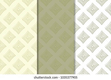 Olive green and white geometric set of vertical seamless patterns for web, textile and wallpapers