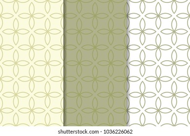 Olive green and white geometric set of vertical seamless patterns for web, textile and wallpapers