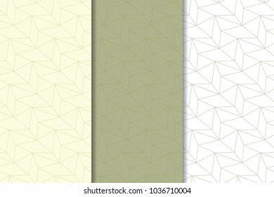Olive green and white geometric set of vertical seamless patterns for web, textile and wallpapers