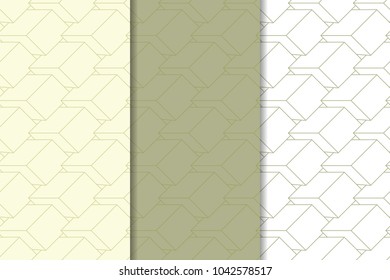 Olive green and white geometric set of vertical seamless patterns for web, textile and wallpapers