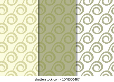 Olive green and white geometric set of vertical seamless patterns for web, textile and wallpapers
