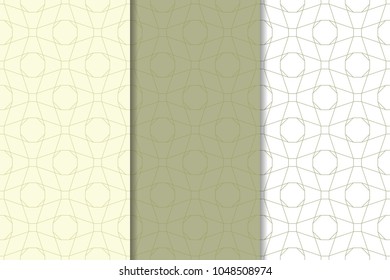 Olive green and white geometric set of vertical seamless patterns for web, textile and wallpapers