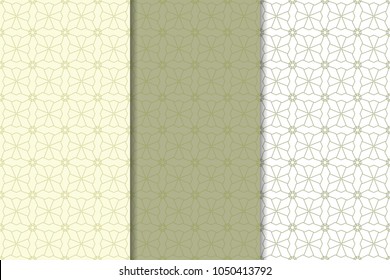 Olive green and white geometric set of vertical seamless patterns for web, textile and wallpapers