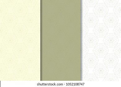 Olive green and white geometric set of vertical seamless patterns for web, textile and wallpapers