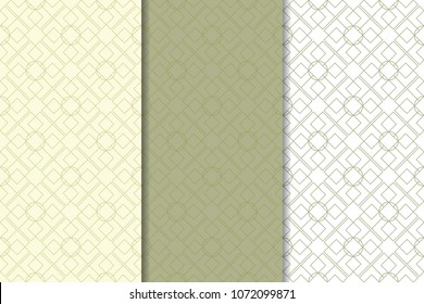Olive green and white geometric set of vertical seamless patterns for web, textile and wallpapers