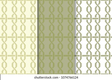 Olive green and white geometric set of vertical seamless patterns for web, textile and wallpapers