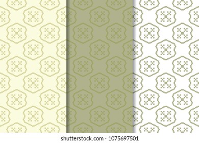 Olive green and white geometric set of vertical seamless patterns for web, textile and wallpapers