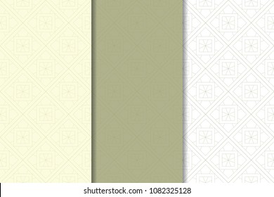 Olive green and white geometric set of vertical seamless patterns for web, textile and wallpapers