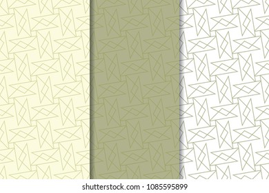 Olive green and white geometric set of vertical seamless patterns for web, textile and wallpapers