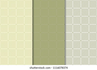Olive green and white geometric set of vertical seamless patterns for web, textile and wallpapers