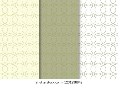 Olive green and white geometric set of vertical seamless patterns for web, textile and wallpapers