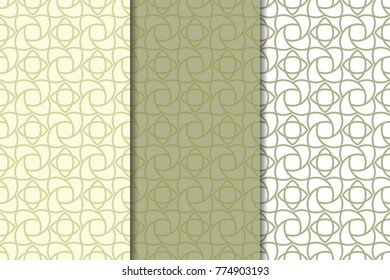 Olive green and white geometric set of vertical seamless patterns for web, textile and wallpapers