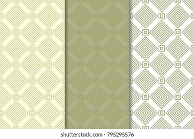 Olive green and white geometric set of vertical seamless patterns for web, textile and wallpapers