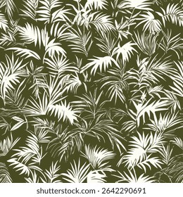 Olive green and white palm leaf pattern with leaves, plants on linen fabric print pattern, cotton, silk, vector illustration, doodle summer, kids and baby designs for print fabric.