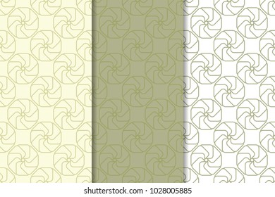 Olive green and white set of geometric seamless patterns for web, textile and wallpapers