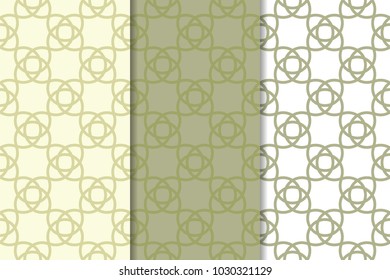 Olive green and white set of geometric seamless patterns for web, textile and wallpapers