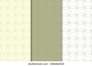 Olive green and white set of geometric seamless patterns for web, textile and wallpapers