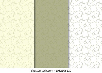 Olive green and white set of geometric seamless patterns for web, textile and wallpapers
