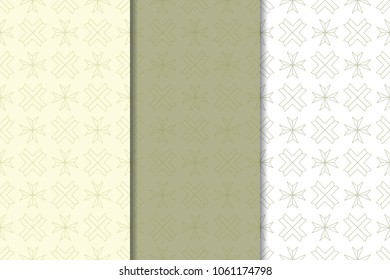 Olive green and white set of geometric seamless patterns for web, textile and wallpapers