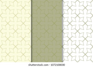 Olive green and white set of geometric seamless patterns for web, textile and wallpapers
