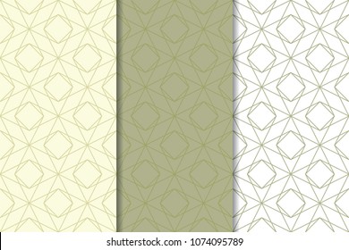 Olive green and white set of geometric seamless patterns for web, textile and wallpapers