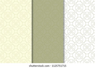 Olive green and white set of geometric seamless patterns for web, textile and wallpapers