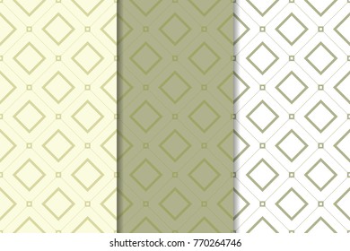 Olive green and white set of geometric seamless patterns for web, textile and wallpapers